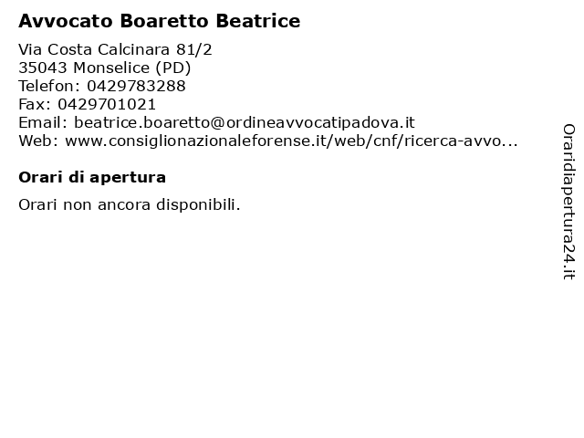 Orari di apertura Avvocato Boaretto Beatrice Via Costa